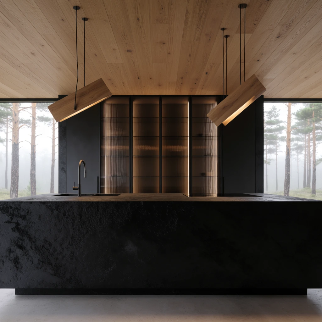 A minimalist kitchen featuring a massive textured black island and sleek faucet. Illuminated dark cabinets with fluted glass doors stand beneath a light oak paneled ceiling with angled wooden pendant lights. Large windows reveal a misty pine forest.