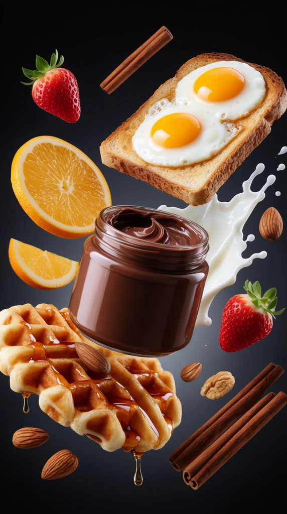 Levitating open jar of chocolate spread, suspended breakfast items, toast with sunny-side-up eggs, syrup-drizzled waffle, splashing milk, floating strawberries, sliced citrus, assorted nuts, cinnamon sticks, high-speed food photography, dark background, dramatic lighting