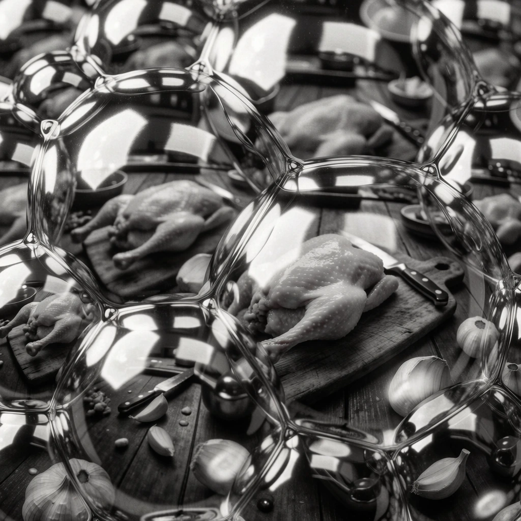hyper-realistic macro photography, monochromatic black and white, high contrast liquid metal aesthetic, dense cluster of glossy bubbles and foam reflecting a kitchen scene, a raw poultry carcass on a rustic cutting board distorted within the convex surfaces, stainless steel knives and garlic cloves reflected in warped perspectives, dramatic highlights and deep shadows, surreal fisheye distortions, liquid silver texture, cinematic lighting, ultra-sharp detail, grainy film texture.