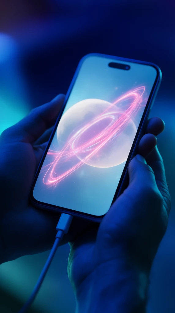 Hands cradle a sleek smartphone bathed in deep blue and cyan volumetric lighting while connecting a cable to the bottom edge. The brightly glowing screen displays an abstract cosmic animation of pink energy rings crossing a pale celestial sphere. Cinematic close-up framing with shallow depth of field creates a high-contrast moody atmosphere.