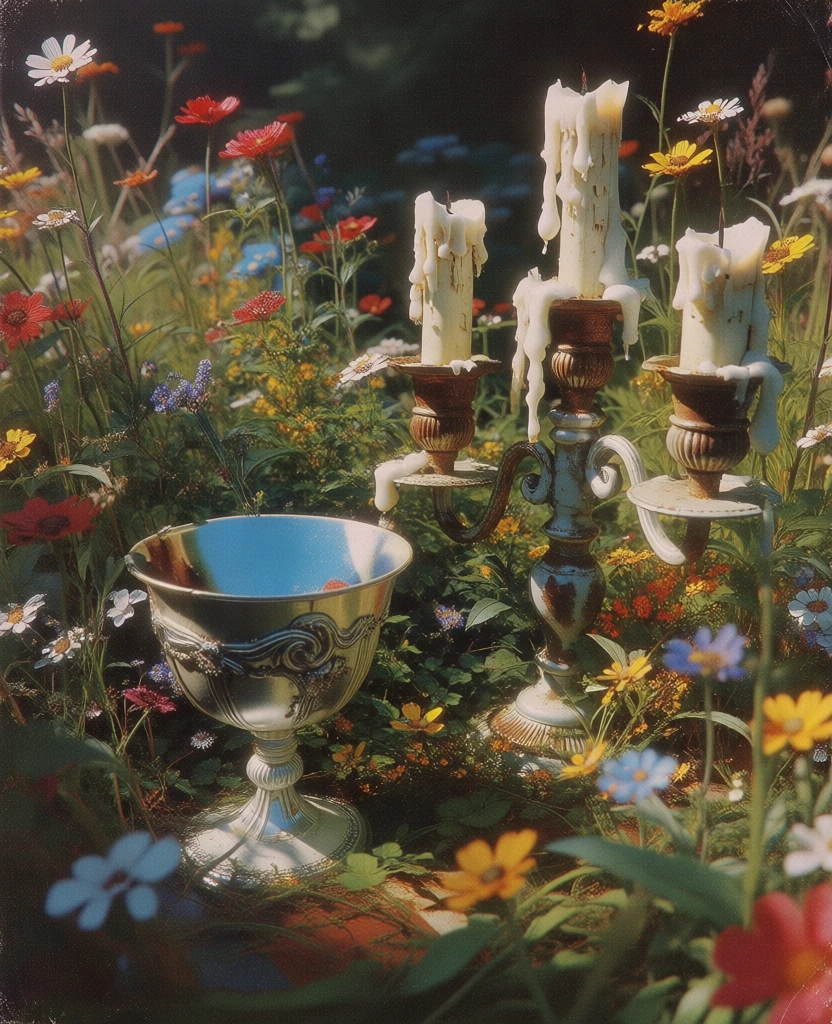 heavy film grain, 35mm vintage photography aesthetic, soft diffused natural lighting with muted highlights, an ornate silver goblet and a tarnished candelabra with dripping white wax candles nestled within a lush wildflower garden, overgrown meadow of red and yellow blooms, large gestural ink calligraphy on weathered cream paper with secondary fine-print typography, dreamcore atmosphere, low contrast, rich earthy greens, shallow depth of field, organic textures, reclaimed by nature.