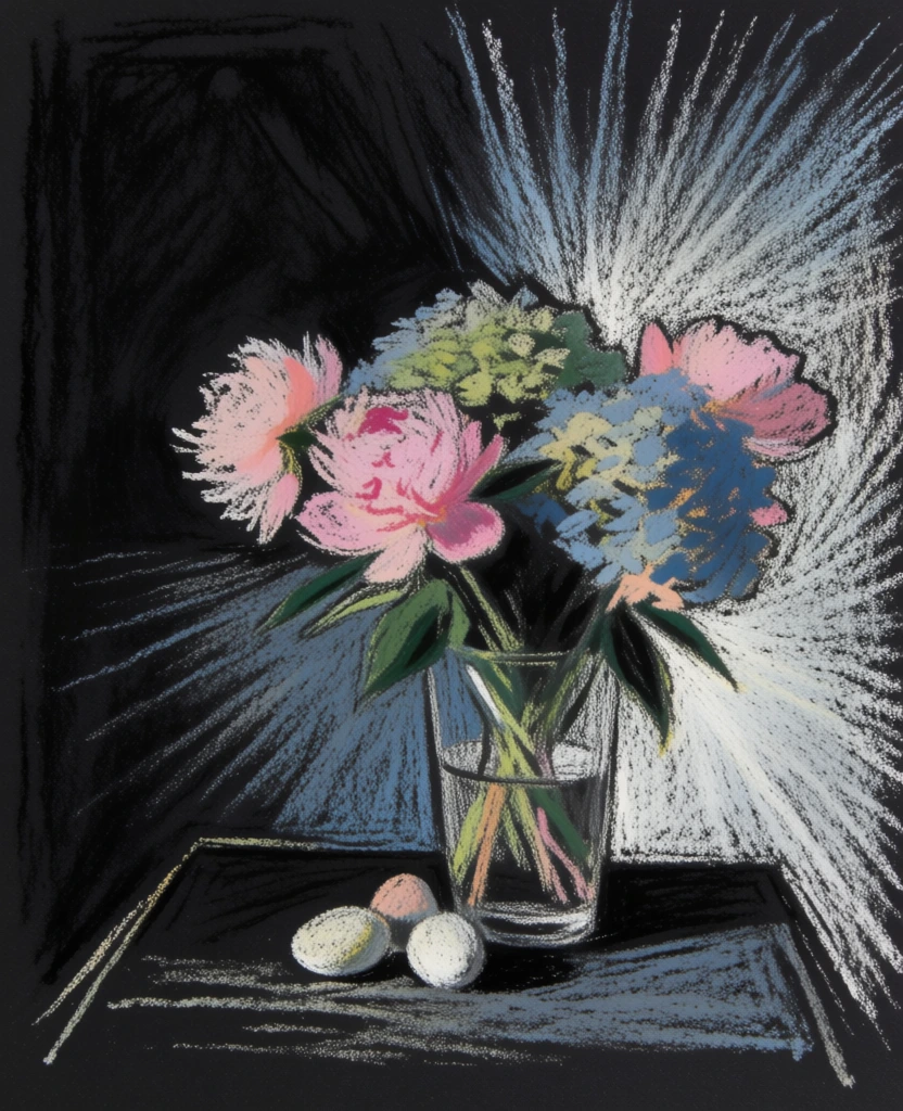bouquet of peonies and hydrangeas in a vase with eggs on a table, rendered in a high-contrast chalk and pastel style on black textured paper, vibrant expressive strokes of soft pink, dusty blue, and forest green, energetic radial lines exploding from the central arrangement, scratchy tactile textures, minimal line-art composition, glowing highlights, raw hand-drawn aesthetic, dramatic chiaroscuro lighting, grainy charcoal finish, minimalist expressionistic mark-making