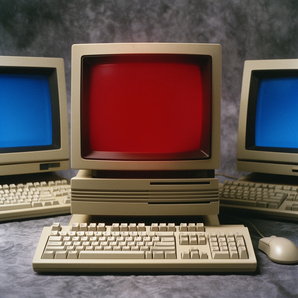 Three vintage beige desktop computers, central machine positioned forward with an ominous glowing red CRT screen, flanked by two background computers displaying blue screens, thick mechanical keyboards, retro computer mouse, mottled grey studio backdrop, 1990s technology product photography, soft dramatic lighting, vintage film grain