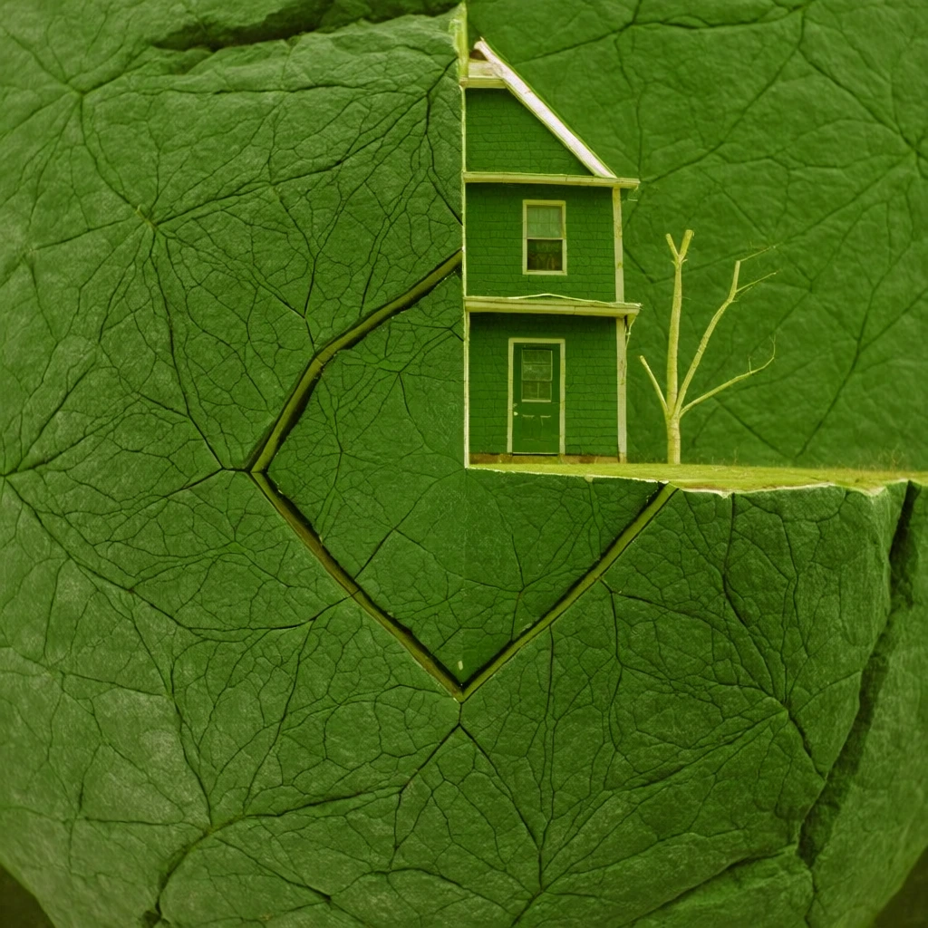 surreal architectural study, narrow multi-story house perched on a floating rocky earth island, skeletal bare trees, a large square segment of the image is surgically cut and rotated ninety degrees to create a geometric misalignment, macro photography aesthetic, monochromatic deep forest green palette, soft diffused natural lighting, intricate organic vein-like textures on rock and wood, centered composition, sharp clean edges, minimalist land art vibe, conceptual precision