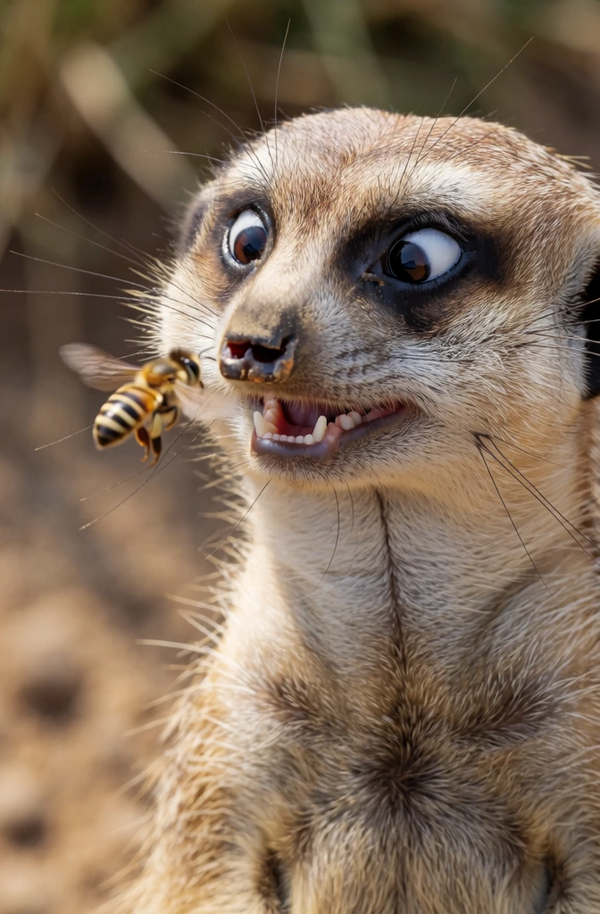 Meerkat startled by small bee flying near nose, crossed eyes focusing on insect, comical panic pose, ultra sharp high-speed macro wildlife shot, detailed whiskers and fur texture, vibrant but natural colors, shallow depth of field, hilarious chaos moment, 8K UHD