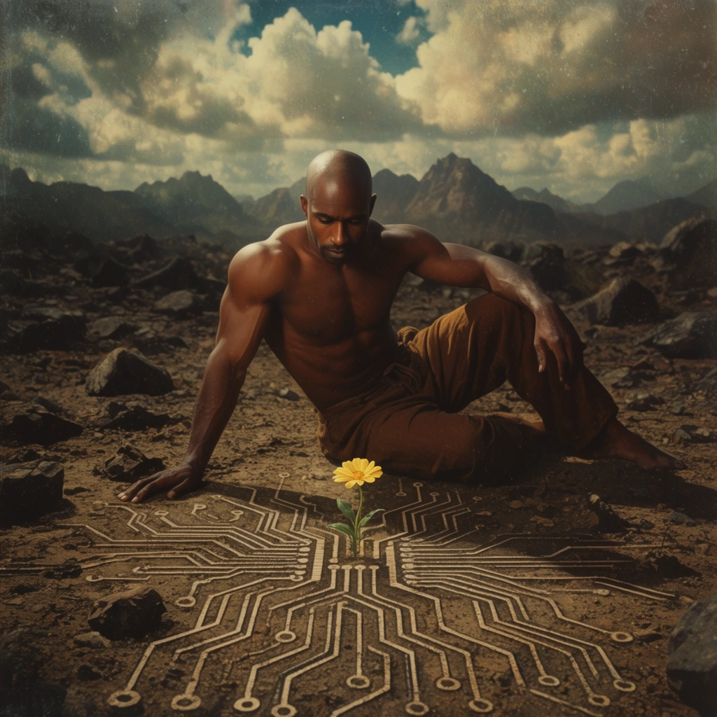 A muscular, bald, shirtless man with dark skin sits on barren, rocky ground, wearing only loose brown trousers. He leans on his right arm, gazing down intently at a complex circuit board pattern etched directly into the dry earth. A single delicate yellow flower sprouts from the center of this technological design. The surrounding landscape is a desolate expanse of scattered dark rocks and distant, jagged mountains under a dramatic sky filled with thick, textured clouds. Cinematic lighting highlights the man's physique and casts deep shadows across the rugged terrain, creating a surreal juxtaposition of organic life and artificial structures with a slightly vintage, textured aesthetic.