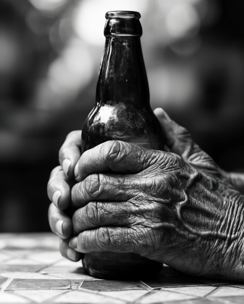 Heavily weathered elderly hands tightly clasp a dark glass bottle in a high-contrast black and white macro photograph. Deep creases and pronounced veins are highlighted by dramatic lighting, resting firmly on a tiled surface against a softly blurred bokeh background.