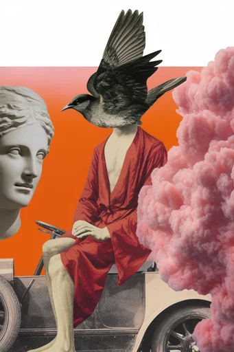 Surrealist Retro Collage style reference image — vintage halftone texture