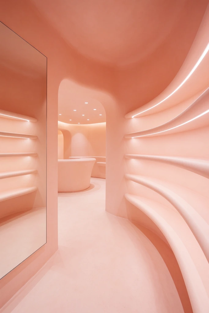 A monochromatic pastel pink interior with fluid, organic architecture and a seamless matte finish. Sweeping curved shelves line the right wall, illuminated by integrated LED strips. On the left, a large rectangular mirror reflects the minimalist design. A rounded archway leads to a deeper space containing a curved counter and recessed ceiling lights. The uniform salmon hue and smooth contours create a futuristic environment with soft, ambient lighting.