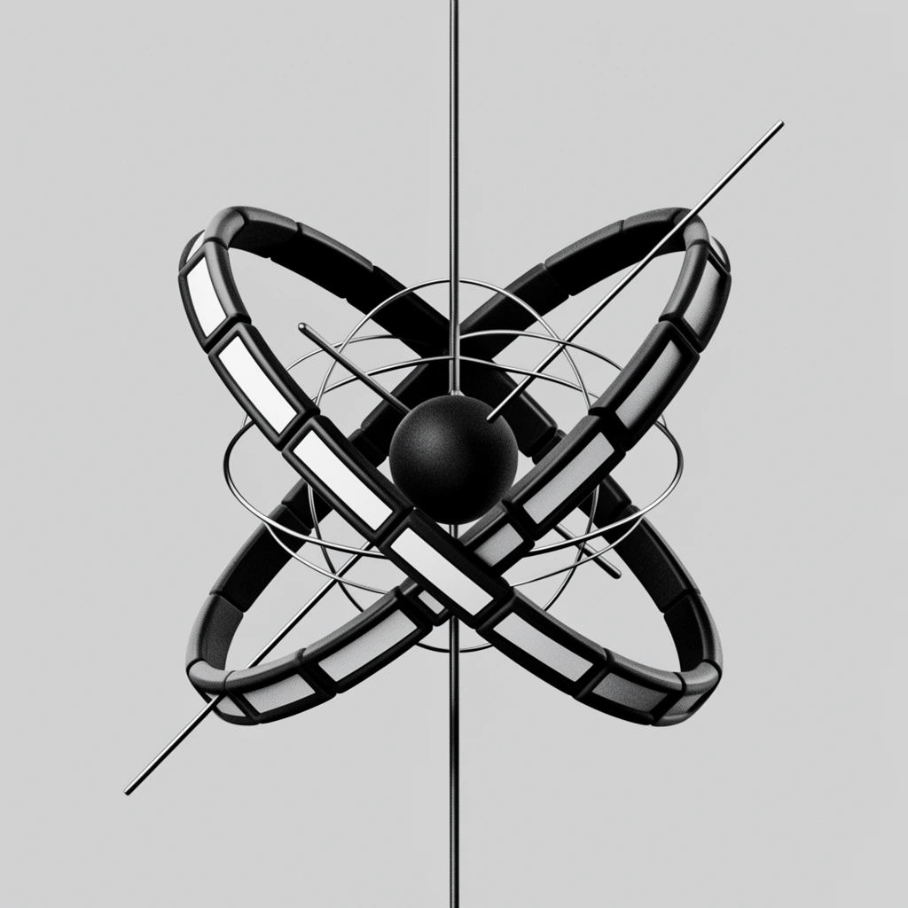 monochromatic 3D geometric structure resembling an atom, dark central orb, intersecting rings and orbital paths, thick segmented bands with light inner panels, thin wire-like metallic circles, central vertical rod, intersecting diagonal axes, solid light gray background, stippled grain texture, high contrast black and white, retro-futuristic scientific model, minimalist centered composition