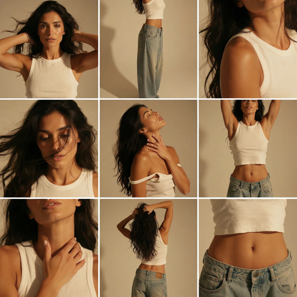 A nine-panel photo grid captures a woman in various expressive, minimalist studio portraits with a warm, golden aesthetic. The subject is a young woman with long, dark, wavy hair and tanned skin, wearing a white, ribbed sleeveless crop top and loose-fitting, light-wash blue denim jeans worn low on her hips. In the top-left panel, she faces the camera in a medium shot with her hair blowing and hands positioned behind her head. The top-center panel shows her side profile from the chest to the knees, highlighting the baggy fit of her jeans. The top-right panel is an extreme close-up of her shoulder and neck with hair cascading down. Moving to the middle row, the left panel is a close-up of her face with eyes looking down as hair sweeps across the frame, while the center panel shows her with her head tilted back, one hand on her throat, and a strap slipped off her shoulder. The middle-right panel features a full torso view with her arms raised above her head. In the bottom row, the left panel is a close-up of her neck and hand on her collarbone, the center panel shows her from behind with her hands in her hair, and the bottom-right panel provides a close-up crop of her midriff and the waistband of her jeans. The entire collection is set against a solid, neutral beige background, illuminated by warm, directional lighting that creates soft shadows and a cohesive sepia-toned color palette across all frames.