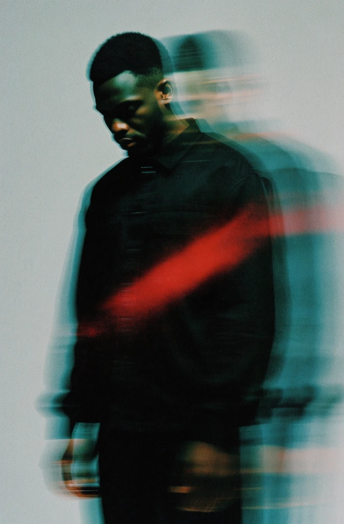 A stylized, high-contrast portrait of a man features heavy motion blur and a moody, experimental color palette. The man, who has a short-cropped hairstyle and dark skin, is positioned in the center of the frame, facing slightly to the left with his head tilted downward. His form is obscured by a rhythmic, multiple-exposure motion blur effect that creates a series of translucent, overlapping silhouettes trailing from his body toward the right side of the image. While his clothing is primarily black, the figure is saturated with dark teal and forest green tones, accented by a prominent, glowing diagonal streak of deep red across his chest and torso. The background is a plain, light grey or off-white surface that displays a heavy, uniform grain similar to high-ISO film or digital noise. The lighting is high-contrast, casting most of the subject's face and body into deep shadows while highlighting the edges of his silhouette. The overall composition is a medium shot from the waist up, utilizing an impressionistic style that emphasizes movement and texture over sharp detail.