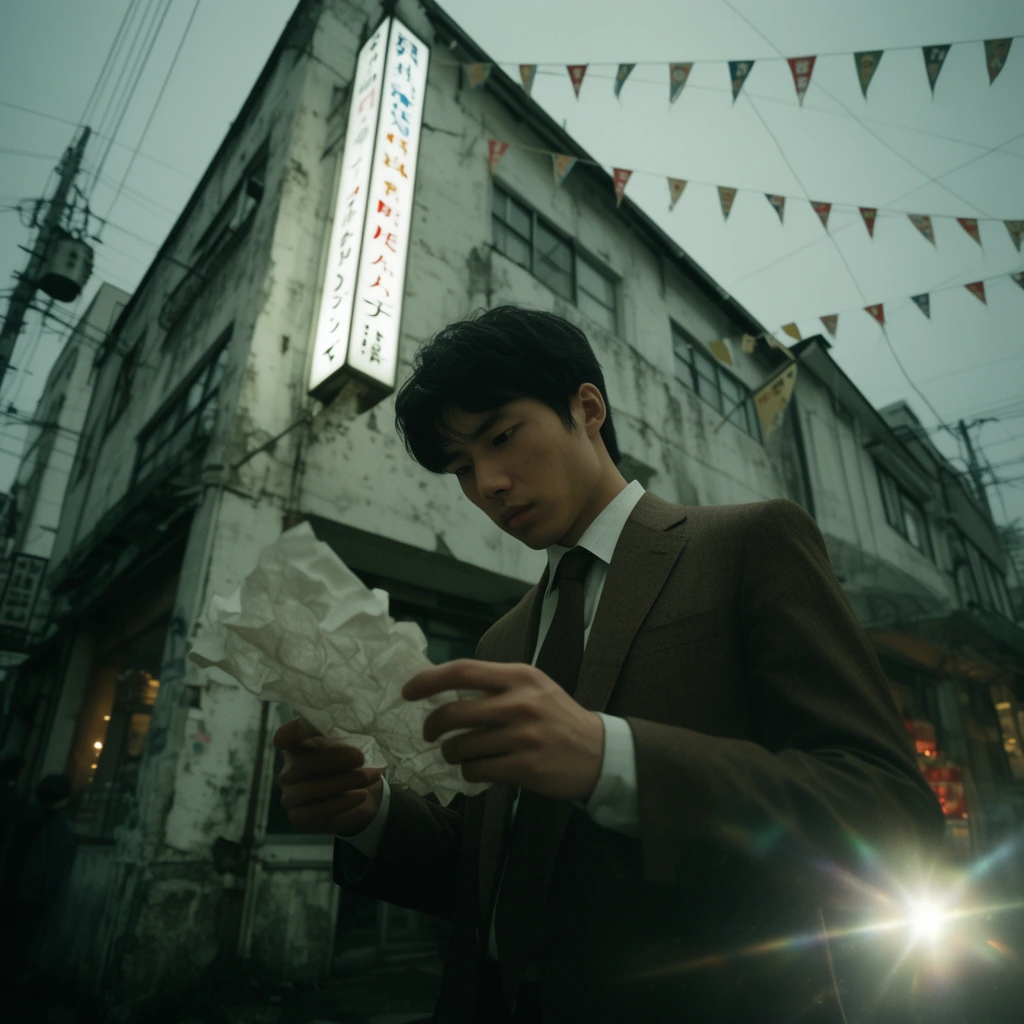 A young Asian man in a brown suit intently examines a crumpled paper on a moody street corner. A weathered white concrete building with an illuminated vertical signbox and strung pennant flags rises behind him against an overcast sky crisscrossed by power lines. The cinematic, low-angle shot features cool, desaturated greenish undertones and a sharp lens flare in the lower right.