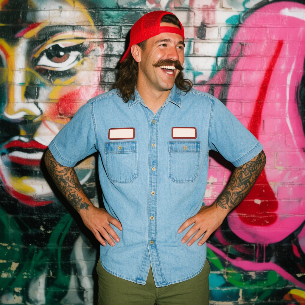 A laughing man with a prominent mustache and a mullet stands before a vibrant, graffiti-covered brick wall. He wears a backward red trucker hat, a short-sleeve light blue denim work shirt with rectangular chest patches, and olive trousers. Hands on his hips reveal heavily tattooed forearms. Looking to the right with an open-mouthed smile, he is lit by bright, direct flash photography that casts sharp shadows against the painted masonry, highlighting abstract pink forms and a stylized face behind him.