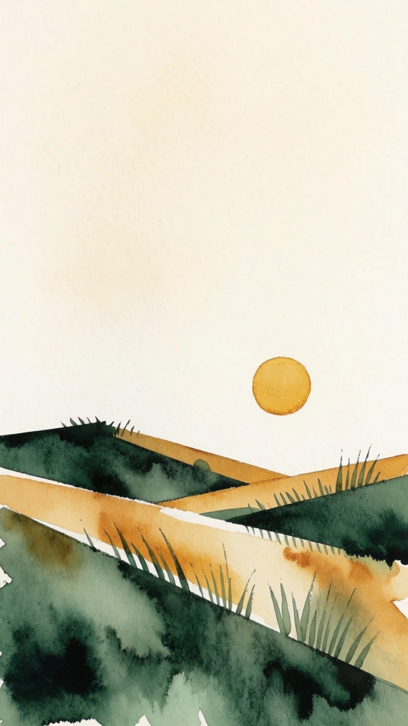 minimalist watercolor illustration of rolling grassy hills under a bright sun, stylized geometric landscape composed of sharp angular silhouettes, executed in a wet-on-dry gouache technique with visible pigment pooling and organic paper texture, deep forest green and warm ochre washes against a vast cream-colored negative space, mid-century modern graphic poster aesthetic, minimalist folk art style, sun depicted as a hard-edged golden disc, bottom-weighted composition.