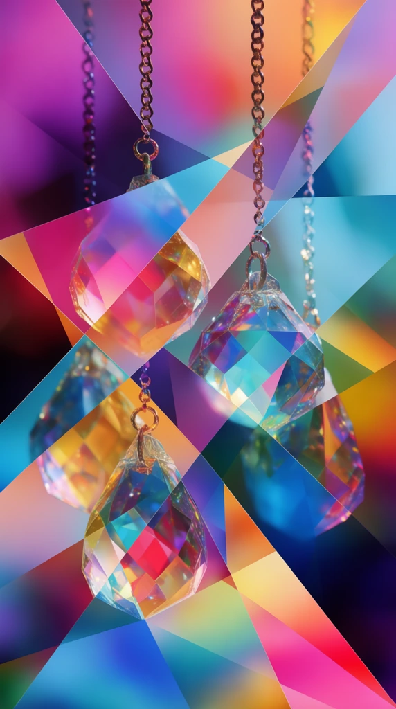 Four multifaceted crystal ornaments suspended from delicate metallic chains, rendered through a surreal, geometrically fragmented shattered-glass aesthetic. The entire composition is sliced by sharp, intersecting diagonal lines that divide the space into irregular, hard-edged polygons and triangular shards. Within these rigid geometric boundaries, the photorealistic rendering of the crystals and chains is heavily altered by vibrant, translucent gradient overlays that shift abruptly in color and exposure across the fracture lines. The prismatic color palette features hyper-saturated neon pinks, deep purples, vivid cyans, cerulean blues, and golden yellows, jumping dynamically from one geometric plane to the next. The lighting creates a high-contrast, kaleidoscopic effect, emphasizing the razor-sharp structural divisions and producing a digital cubist atmosphere where the hanging subjects are simultaneously highly detailed and abstracted into faceted planes of shifting color.