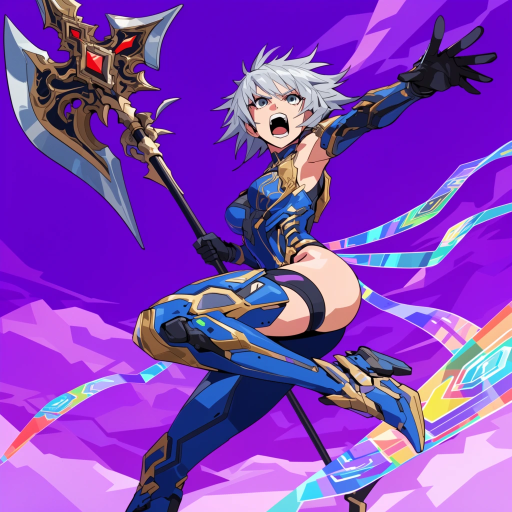 human female warrior leaping mid-air, spiky silver hair, fierce shouting expression, wielding massive ornate halberd, outstretched arm, futuristic blue and gold armored bodysuit, high-tech boots, floating holographic ribbons, vibrant purple background, stylized geometric clouds, 2D anime art style, flat cel shading, bold line art, high energy composition, vivid colors