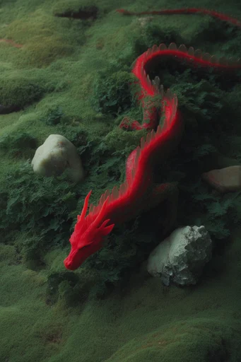 Graphic Kinetic Surrealism style reference image — saturated crimson and chartreuse