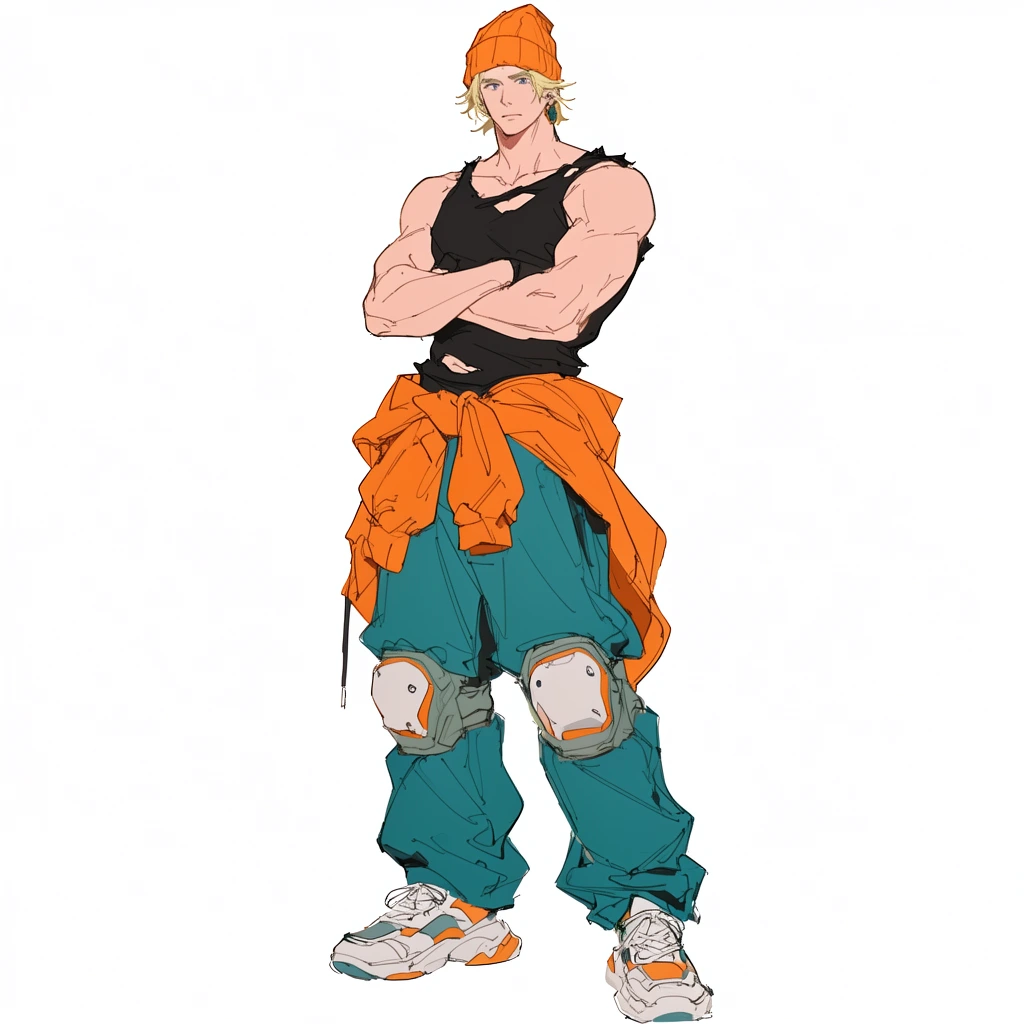 A full-body digital sketch of a muscular man with blonde hair and an orange beanie standing with crossed arms. He wears a torn black tank top, baggy teal pants with knee pads, an orange jacket tied around his waist, and chunky sneakers. Rendered with clean line art and flat colors against a stark white background.