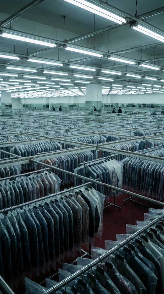 vast industrial warehouse, endless metal racks of garments in clear plastic bags, grid of suspended fluorescent lights, high-angle wide shot, cool bluish-green cinematic lighting, small red-carpeted fitting area lower right, distant figures near mirrors, strong perspective