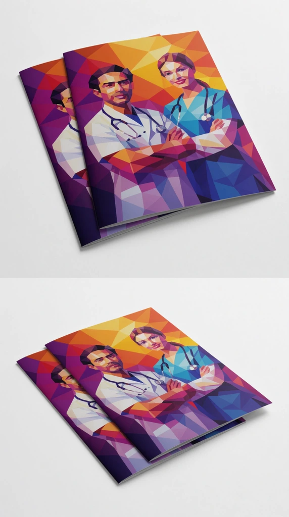 three overlapping printed brochures on a white surface, vibrant low-poly geometric vector art of medical professionals, rich purple and orange palette, soft studio lighting, subtle drop shadows