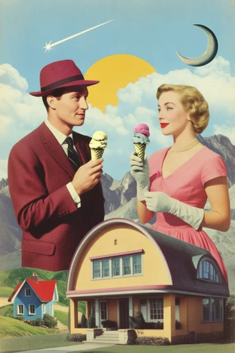 Surrealist Retro Collage style reference image — saturated primary colors