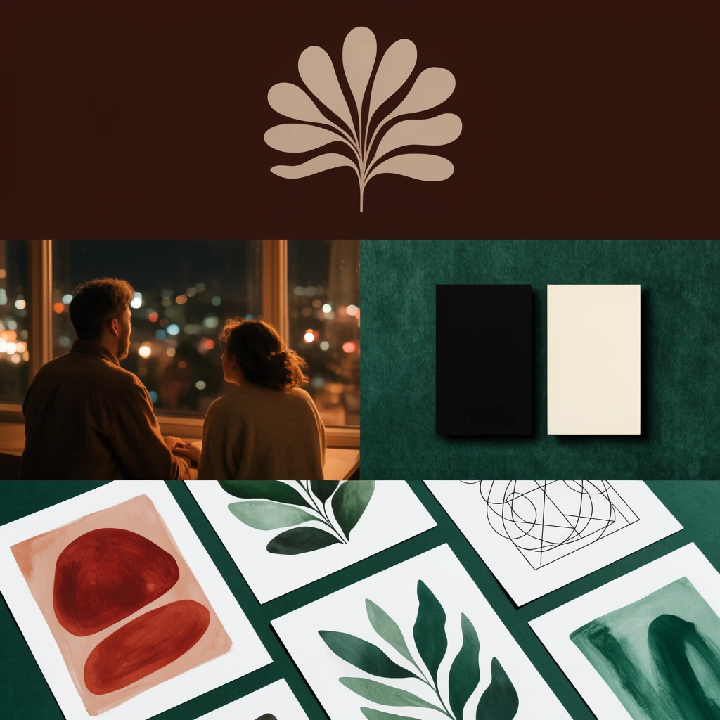 A vertical mood board featuring three distinct sections. The top holds a minimalist beige floral motif on a dark espresso background. The middle pairs a warm cinematic night photograph of a couple gazing out a window at blurred city lights alongside a textured dark green surface holding black and cream rectangular cards. The bottom displays scattered white art prints on the green surface showcasing minimalist rust-red and forest-green abstract paintings, organic leaf shapes, and geometric line art.