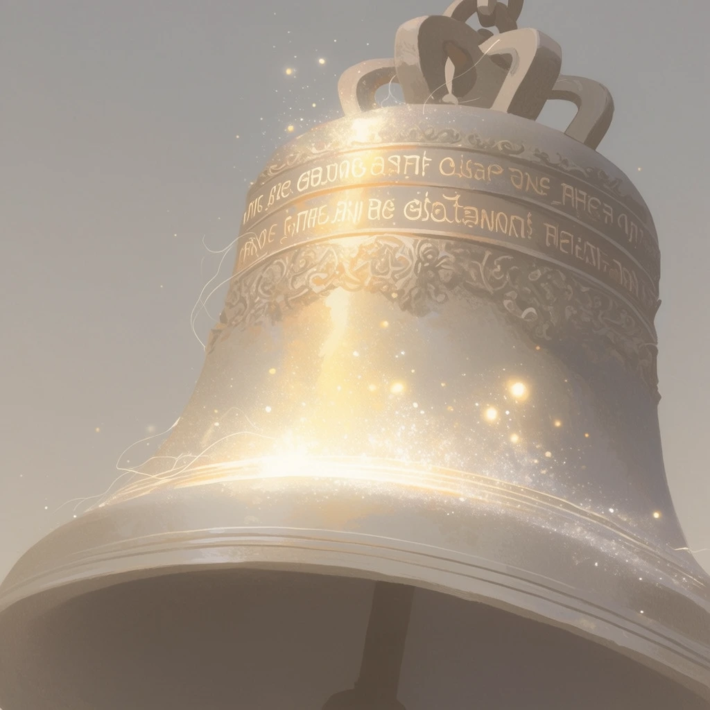 A large metal bell, adorned with intricate relief carvings and engraved text on its upper section, dominates the foreground against a clear sky, rendered in a surreal, ethereal digital illustration style mimicking soft pastel and matte gouache. The artwork features a dreamy, muted color palette of dusty grays, warm beiges, and velvety taupes, dramatically contrasted by striking, localized areas of intense, radiant golden and white luminescence. A magical, hazy glow emanates from the bell's metallic surface and the ornate engraved text, surrounded by clusters of tiny, brilliant floating light particles and glowing dust motes. Delicate, ultra-thin, glowing thread-like wisps of light accent the bell's intricate details, adding a fragile, luminous texture to the composition. The clear sky background is depicted as a smooth, flat, minimalist gradient of warm, hazy gray, establishing a soft, expansive atmosphere characterized by smooth blending, subtle gradient depth, and a tranquil, dreamlike visual aura.