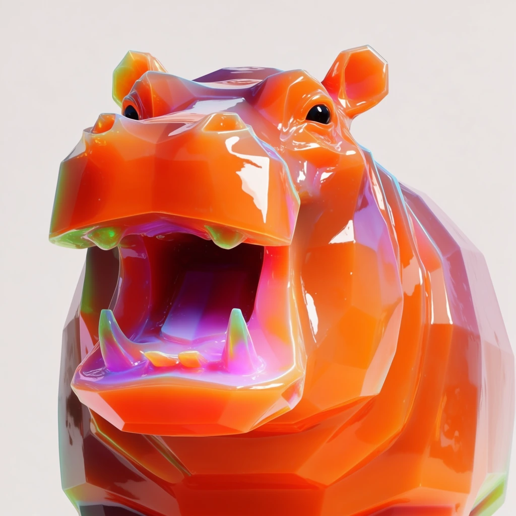 A blocky, geometric hippopotamus with a wide-open mouth rendered in a hyper-glossy, wet-plastic 3D aesthetic against a stark, flat off-white background. The angular, thick surfaces of the hippopotamus are coated in a highly reflective, viscous sheen capturing intense, sharp white specular highlights. The material exhibits strong subsurface scattering, radiating a luminous, translucent neon orange base color that transitions into iridescent shades of magenta, vibrant purple, and subtle bright green across the geometric edges and inside the gaping jaw. The composition is a tightly framed, centralized portrait utilizing vibrant, multi-directional studio lighting to emphasize the hyper-realistic, gelatinous, polished resin texture of the geometric animal.