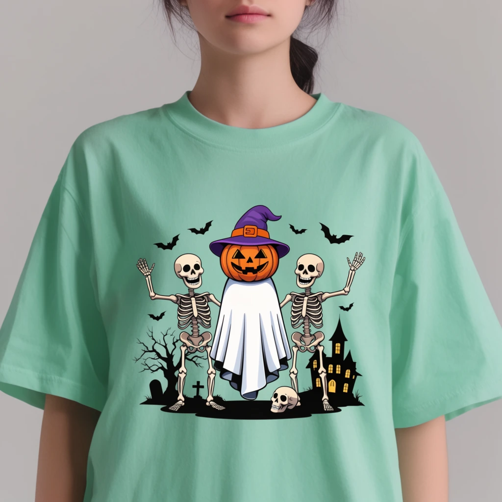 A person in a loose mint-green t-shirt stands against a seamless light grey backdrop, cropped from the upper lip down to the mid-torso revealing fair skin, neutral lips, and dark tied-back hair. The shirt prominently features a vibrant, cartoon-style Halloween illustration. At its center is a white draped ghost with a carved orange jack-o'-lantern head topped by a purple witch hat with an orange buckle. Two cheerful waving skeletons flank the central figure. The graphic is grounded by stark black silhouettes of flying bats, a bare gnarled tree, a tombstone, a skull resting on the ground, and a tall haunted mansion with glowing yellow windows. Soft studio lighting highlights the cotton fabric's natural folds and the crisp, bold line art of the festive apparel design.