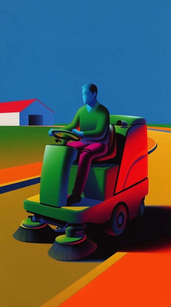 A driver operating a ride-on street sweeper vehicle on a road near a building, rendered in a highly stylized, surrealistic poster art aesthetic with unnatural, hyper-saturated color blocking and smooth, airbrushed gradients. The driver features cyan-blue skin and wears vibrant, sharply delineated clothing consisting of an emerald green top and deep magenta pants. The driver steers a ride-on street sweeper painted in vivid, contrasting shades of luminous green and brilliant red. Deep, smooth, gradient-rich black shadows fall heavily to the lower right, driven by a strong, stark directional light source from the upper left. The street sweeper moves along a sweeping road colored in flat, striking bands of mustard yellow and highly saturated orange. A solid, untextured cerulean blue sky fills the upper portion of the composition. In the distance, a simplified, geometric building with stark white walls and a bright red roof rests on the vivid horizon, completing the pristine, matte, velvety composition characterized by sharp chiaroscuro and an intense, pop-art infused color palette.