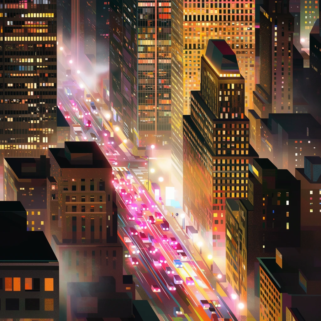 aerial view of a bustling city at night, towering skyscrapers illuminated by warm yellow and orange lights, dense grid of windows reflecting the vibrant energy, streets below alive with colorful traffic trails, bright pink and white headlights and taillights creating glowing paths, ethereal and atmospheric ambiance, soft glows around streetlights, hazy mist settling between the buildings, stylized digital art, flat geometric shapes combined with rich textures, retro-futuristic aesthetic, dynamic composition, vertical orientation, high contrast between dark shadows and luminous lights, intricate details in architectural features, sense of depth and scale, energetic urban landscape