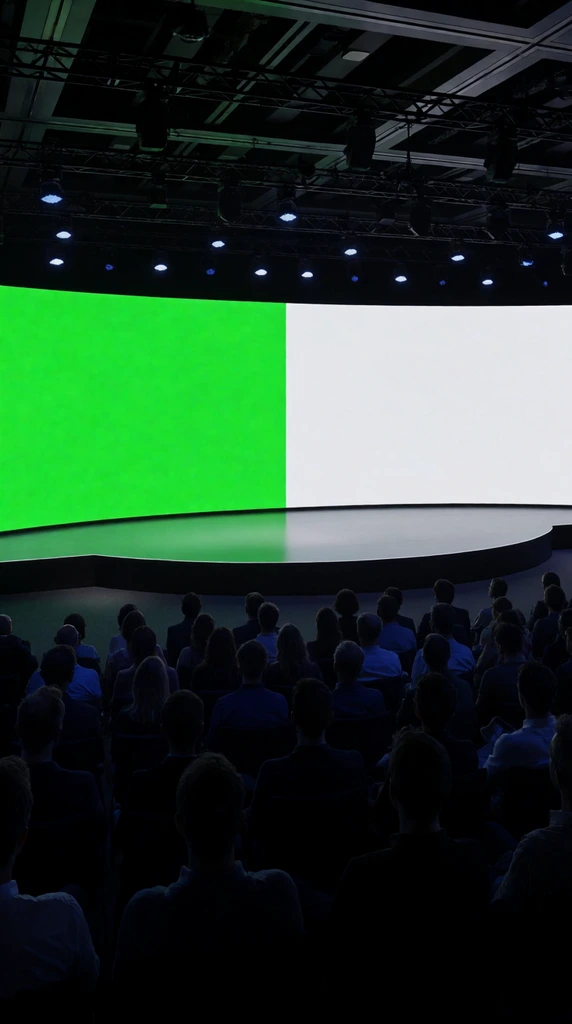 large curved panoramic screen split into bright green and solid white halves, elevated reflective stage, silhouetted seated audience in a dark auditorium, overhead track lighting, high contrast corporate keynote atmosphere
