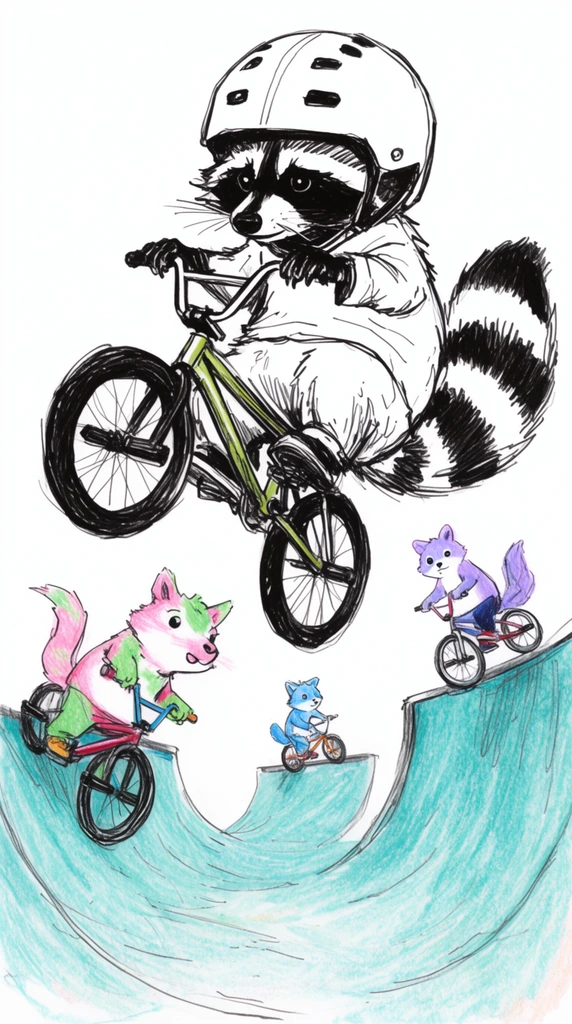 hand-drawn sketch of animals riding BMX bikes in a skatepark, large black-ink raccoon in an oversized helmet performing a mid-air trick, smaller pink green blue and purple animals riding on teal half-pipes, rough colored pencil line art, white background