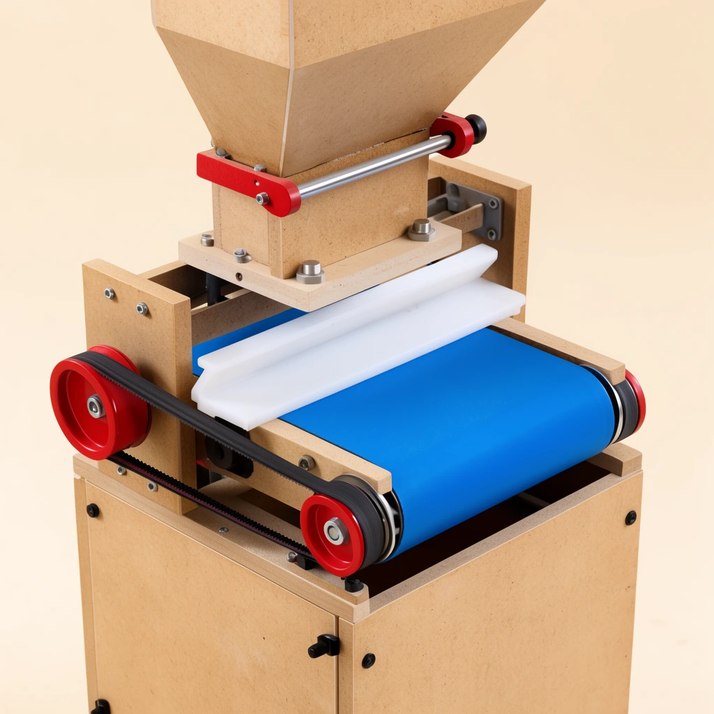 MDF wood machine, vertical hopper, bright blue conveyor belt, white plastic guides, red accents, black drive belt, beige studio background, high-angle product photography
