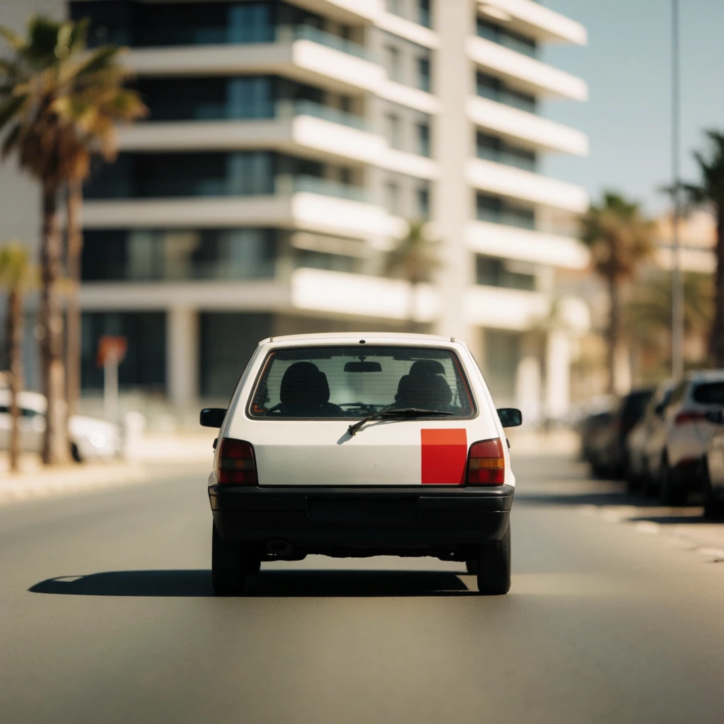 A white compact hatchback driving on a sunlit urban street, captured from directly behind. The vehicle features a stark black rear bumper, a single rear wiper, and a prominent red rectangular graphic on the right side of its tailgate. It casts a dark shadow on the smooth grey asphalt. The background features a shallow depth of field, softly blurring a tall modern building with bright white horizontal balconies and dark windows. Slender palm trees and out-of-focus parked vehicles line the edges of the road. Shot with a telephoto lens under bright daylight, the photograph isolates the sharply focused car against the smooth bokeh of the city, utilizing a high-contrast, warm cinematic color grade.