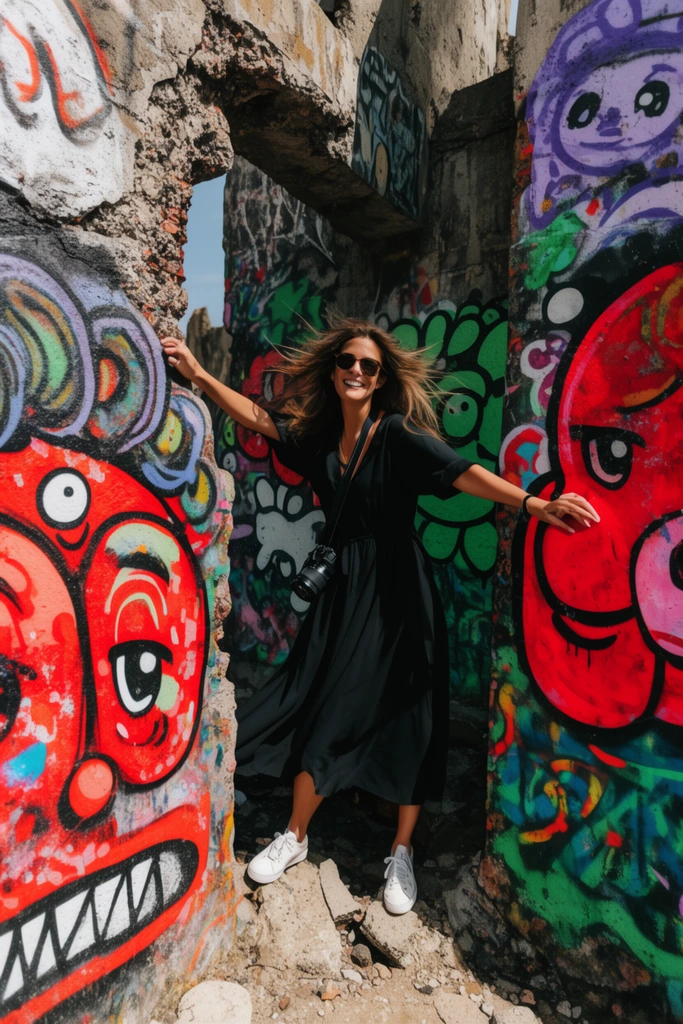 A smiling woman with windblown hair stands within a narrow gap of a derelict concrete structure, her arms outstretched against the rough walls. She wears a flowing black midi dress, dark sunglasses, white sneakers, and a slung black camera. The surrounding architecture is densely covered in vibrant, multicolored street art featuring overlapping shapes and bold cartoon faces in vivid reds, greens, and purples. High-contrast sunlight casts deep shadows across the highly textured environment.
