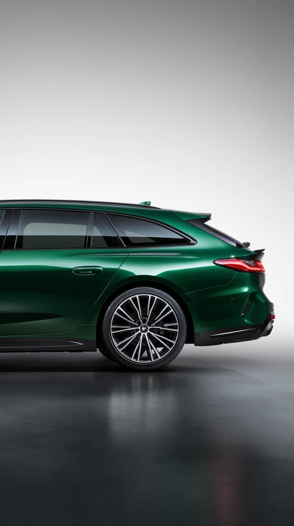 side profile of a sleek metallic green high-performance station wagon, deep emerald glossy paint, dark tinted windows, sweeping roofline, rear spoiler, large silver and black alloy wheels, black side skirts, wrap-around red taillights, seamless light gray to white gradient studio background, dark gray floor with soft reflection, automotive product photography, dramatic specular highlights, ultra-sharp focus
