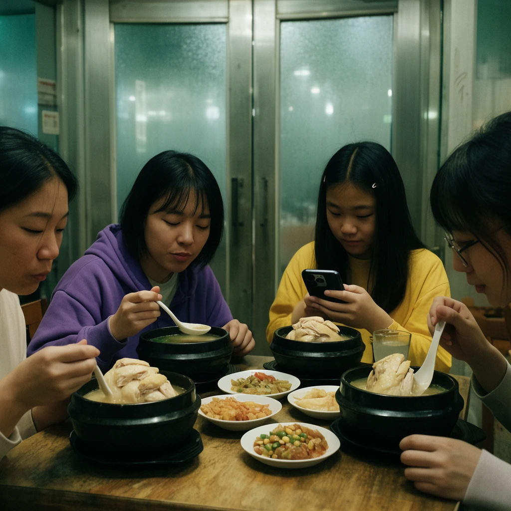 four Asian women at a restaurant table, cinematic medium shot, eating whole chicken soup from black stone bowls, woman in purple hoodie holding a spoon, girl in yellow shirt using a smartphone, scattered side dishes, frosted glass doors, muted indie film grading
