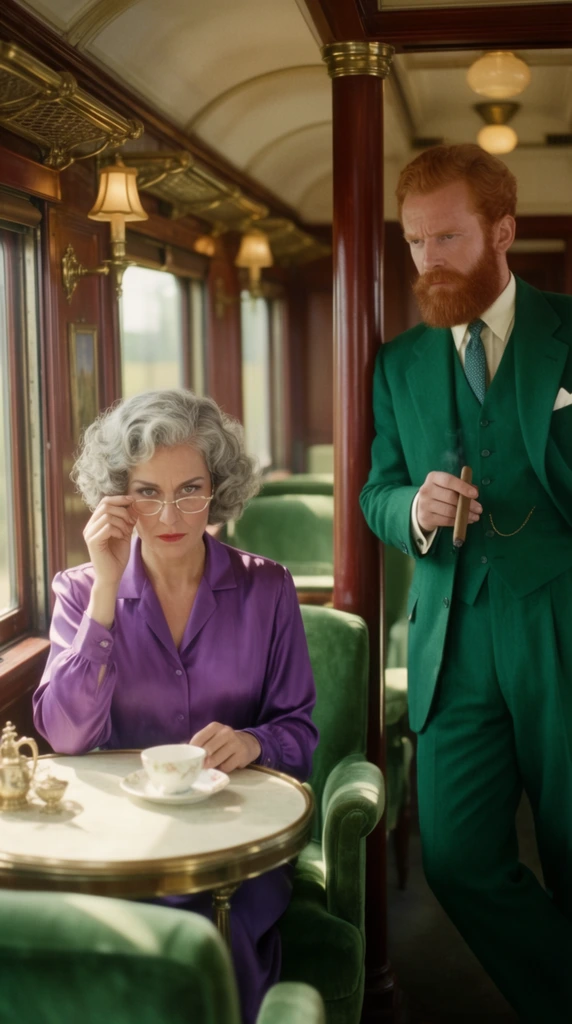 A woman with curly silver hair in a bob, dressed in a purple silk blouse, sits at a small round table in the center of the frame, carefully adjusting her wire-rimmed glasses. To her right, a man with a thick red beard wearing an emerald green tailored suit stands leaning against a mahogany pillar, clutching an unlit cigar. The scene unfolds inside an opulent, sunlit train car. Bright natural light illuminates plush green velvet seats and ornate brass fixtures, capturing a classic mid-century cinematic aesthetic with vibrant, warm colors, soft focus, and a tense, dramatic atmosphere.