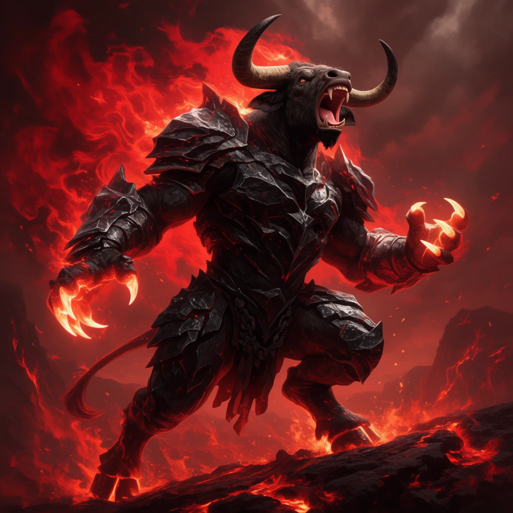 A giant bipedal minotaur in obsidian armor roars skyward, engulfed in swirling crimson fire. The beast strikes a dynamic lunge with glowing claws outstretched against a scorched volcanic wasteland and ash-filled sky. Epic fantasy digital art, low-angle perspective, intense fiery lighting.