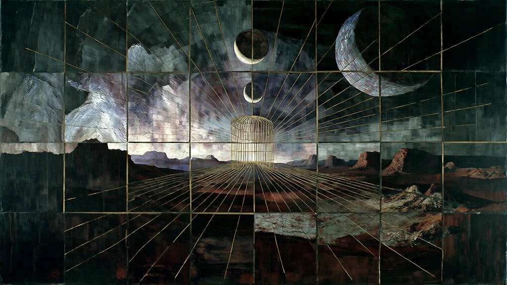 desert landscape with a crescent planet and moons, structured as a grid of painted square tiles, single vanishing point with radiating golden perspectival rays, deep moody chiaroscuro palette of obsidian blacks and sienna, heavy impasto brushstrokes with layered fine art texture, ethereal atmospheric glows, a wireframe cylindrical cage at the focal point, high-contrast cinematic lighting, surrealist aesthetic, distressed canvas texture, painterly cgi hybrid.