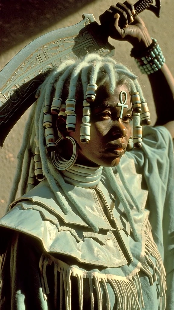 centered portrait of a woman with dreadlocks decorated with numerous cylindrical beads and rings, ankh symbol on her forehead, large hoop earring, wide collar with jagged edges, fringed garment, hand from top right holding a wide curved ornamented blade behind her head, beaded bracelet, stylized symbol on right, vintage grainy film aesthetic, muted pale teal and sage color palette, harsh side lighting, high contrast shadows, documentary photography style, soft cinematic texture.