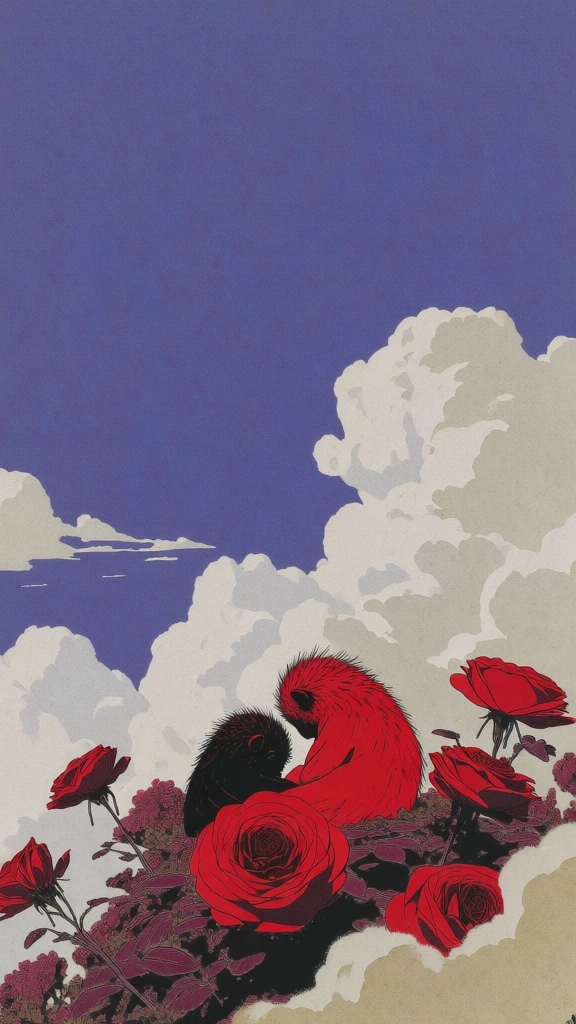 minimalist moebius-inspired illustration, two small huddling fluffy creatures with intricate fur fibers, nestled within a dense cluster of saturated crimson roses, clear line drawing style with fine uniform ink outlines, expansive desaturated lavender sky, billowing white cumulus clouds with graphic silhouettes, heavy stippled paper texture, risograph grain, flat lighting with minimal soft shading, vertical composition with vast negative space, high-signal red focal point.