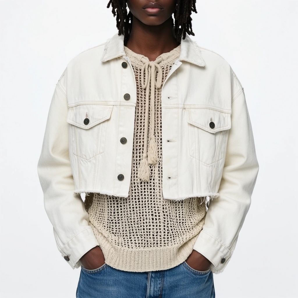 A fashion portrait captures a torso framed from the lower face to upper thighs against a solid white backdrop. A dark-skinned model with dreadlocks wears an unbuttoned, off-white cropped denim jacket featuring dark metal buttons, flap chest pockets, and frayed edges. Underneath, a light beige loose-knit sweater displays a fringed drawstring and a ribbed hem extending past the outerwear. The figure stands with hands tucked into the front pockets of medium-wash blue jeans. Bright studio lighting sharply defines the textural contrast between the thick denim and porous knitwear.