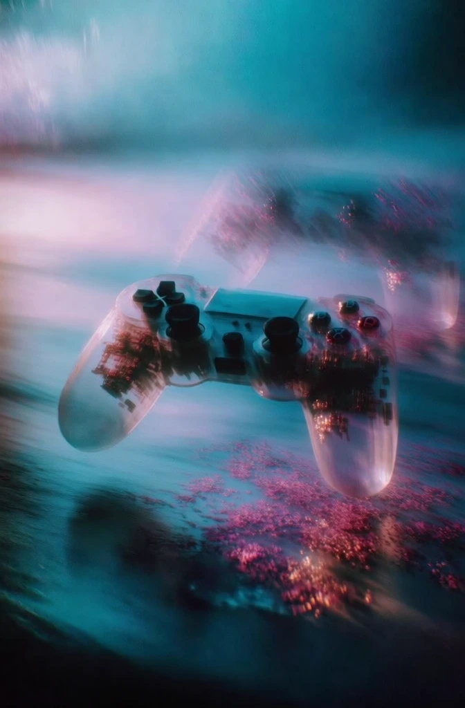a transparent video game controller with internal circuitry floating over a dark reflective surface, captured with heavy long exposure motion blur, ethereal teal and magenta color grade, ghostly light trails and echoes, soft focus impressionistic aesthetic, diffused atmospheric lighting, painterly textures, shimmering pink crystalline reflections, surreal dreamscape atmosphere, chromatic aberration, liquid light effects, deep cyan shadows, luminous highlights, cinematic grain.