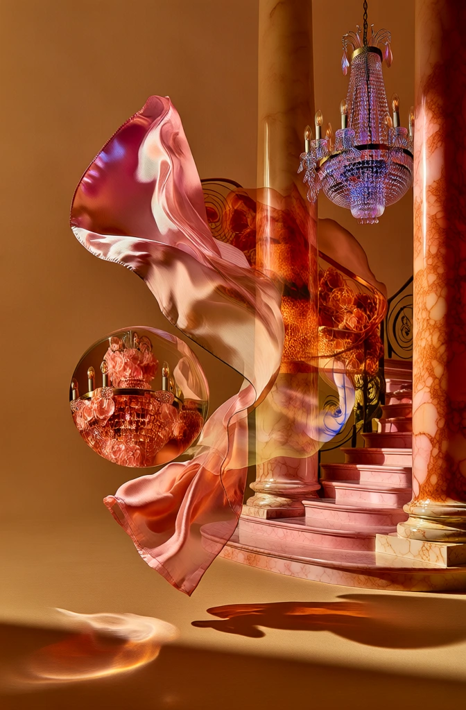a large piece of flowing translucent silk fabric floating in an ornate classical interior featuring grand marble columns and a sweeping staircase, a crystal chandelier, sophisticated monochromatic palette of warm ochre and terracotta, soft directional lighting with long painterly shadows, elegant surrealist composition, ethereal light refractions and layered distortions, high-detail textures of fabric and stone, captured in a warm golden studio aesthetic, minimalist yet luxurious depth