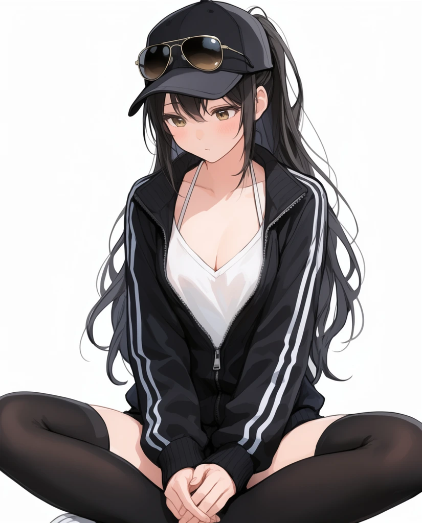 anime illustration of a young woman sitting cross-legged on a pure white background, looking down with golden-brown eyes and soft blush, long dark hair in a loose ponytail, wearing a black baseball cap with aviator sunglasses resting on the brim, partially unzipped black track jacket with white sleeve stripes, white v-neck top with thin halter straps, black thigh-high stockings, hands gently clasped resting between her crossed legs, relaxed posture, clean line art, soft cel-shaded coloring, smooth gradients, modern anime character design