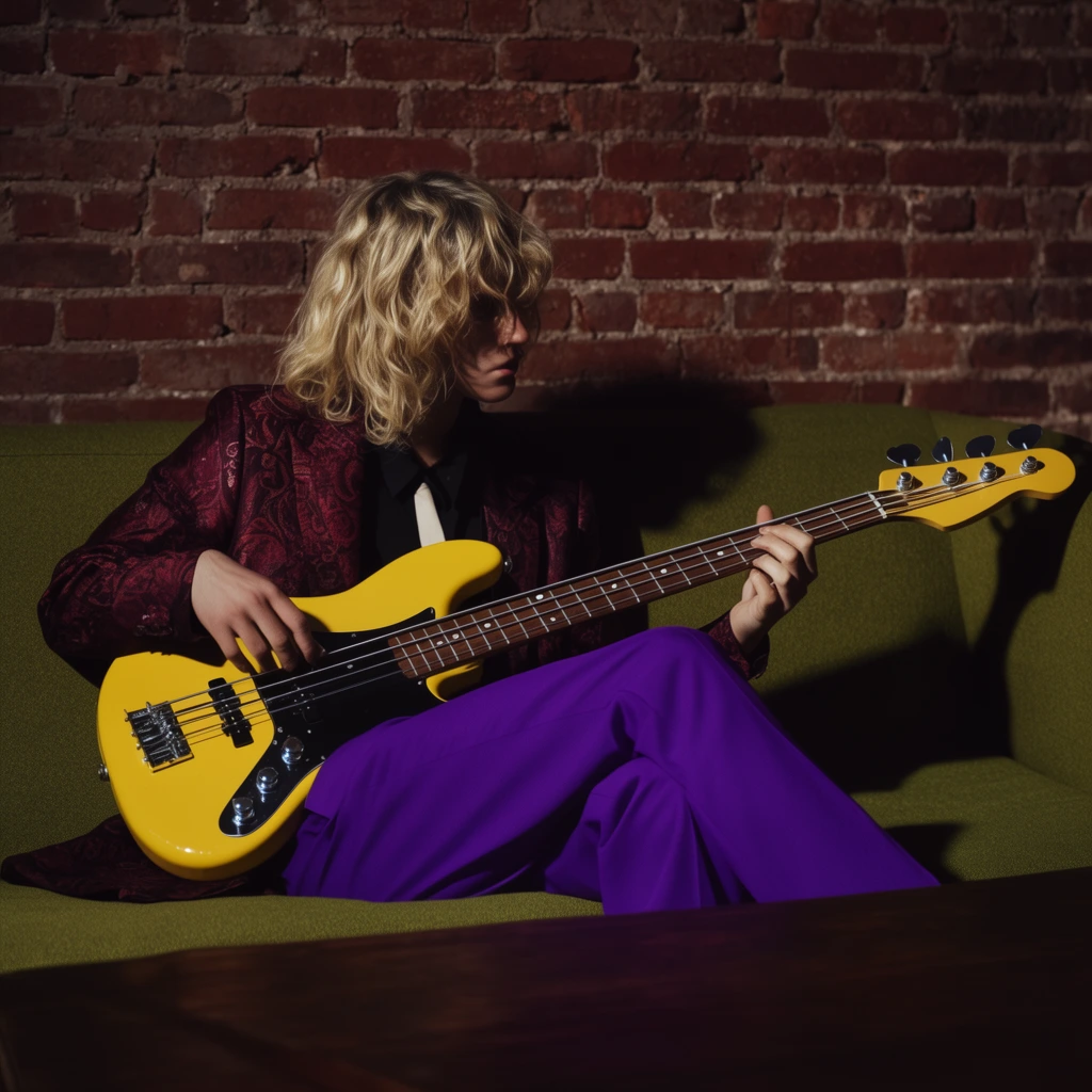 Musician with wavy blonde hair playing a yellow electric bass on an olive green sofa, maroon patterned jacket, vibrant purple trousers, dark wooden table in foreground, red brick wall background, moody cinematic lighting, prominent cast shadow