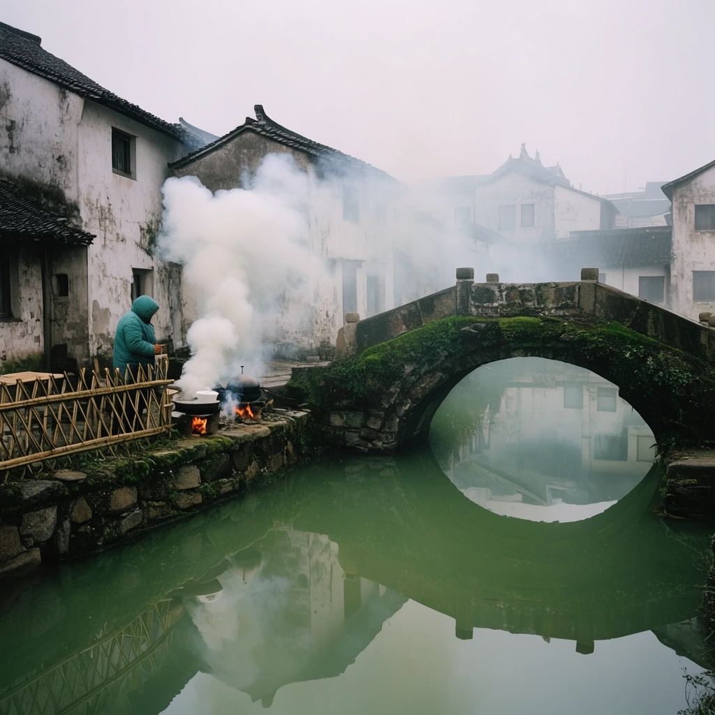 Thick white smoke billows from a cooking fire tended by a figure in a teal jacket on a stone embankment. A mossy arched stone bridge spans the adjacent still canal, creating a perfect circular reflection in the greenish water. Aged, whitewashed buildings with dark sloped roofs and a low bamboo fence line the waterway. The wide-angle photograph utilizes muted natural lighting to capture the tranquil, misty atmosphere.